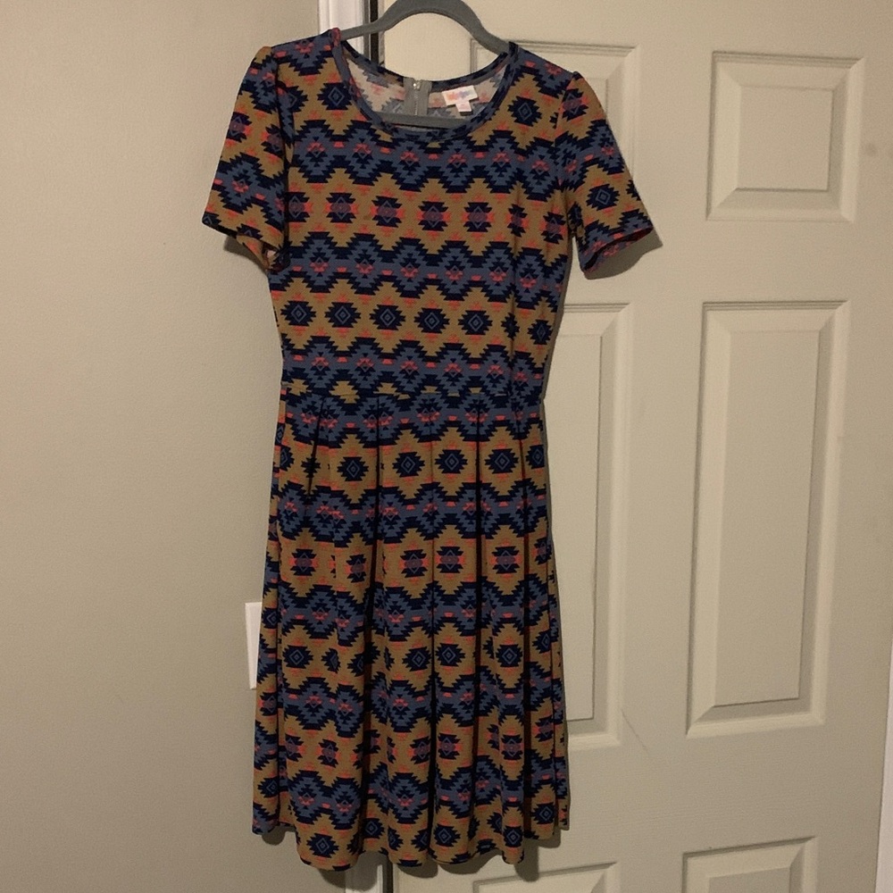 LuLaRoe Amelia Geometric Patterned Midi Dress - Blue and Tan